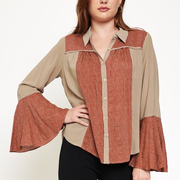 MYSTREE Taupe & Rust Boho Button Down Blouse, Flared Sleeve Casual Chic Top - Picture 3 of 9